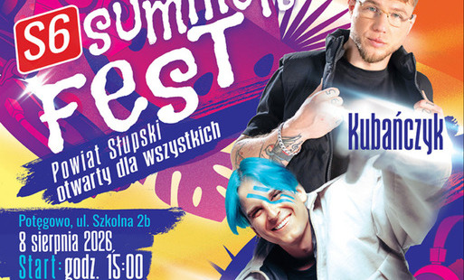 Plakat wydarzenia „S6 Summer Fest”, które odbędzie się 8 sierpnia 2026 r. od godz. 15:00 przy GOK w Potęgowie. Wystąpią Kubańczyk i Tribbs. W programie animacje dla dzieci, dmuchańce, występy lokalnych zespołów, strefa gastronomiczna oraz akcja charytatyw